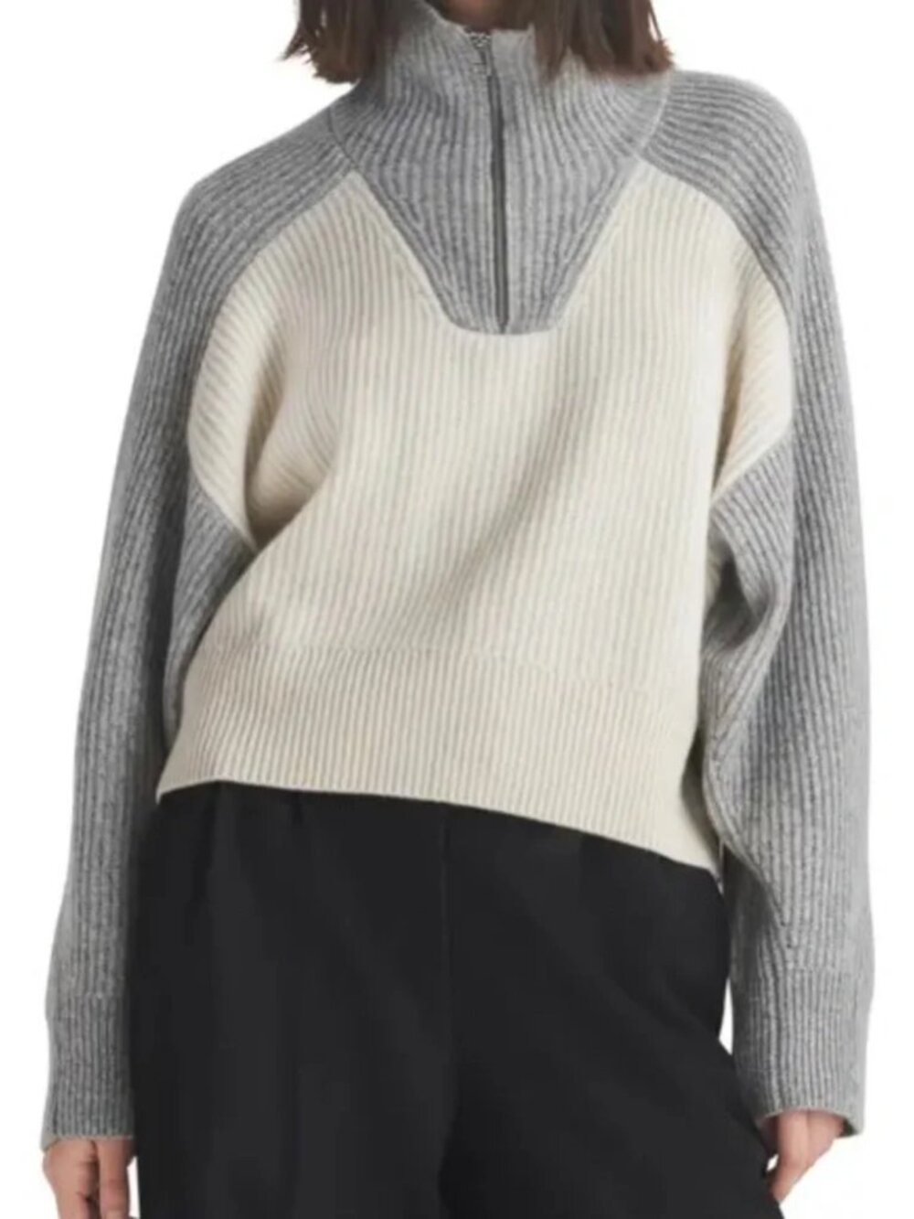 RAG & BONE Pierce Colorblock Rib Cashmere Boxy Fit Knit Half Zip Sweater Gray XS